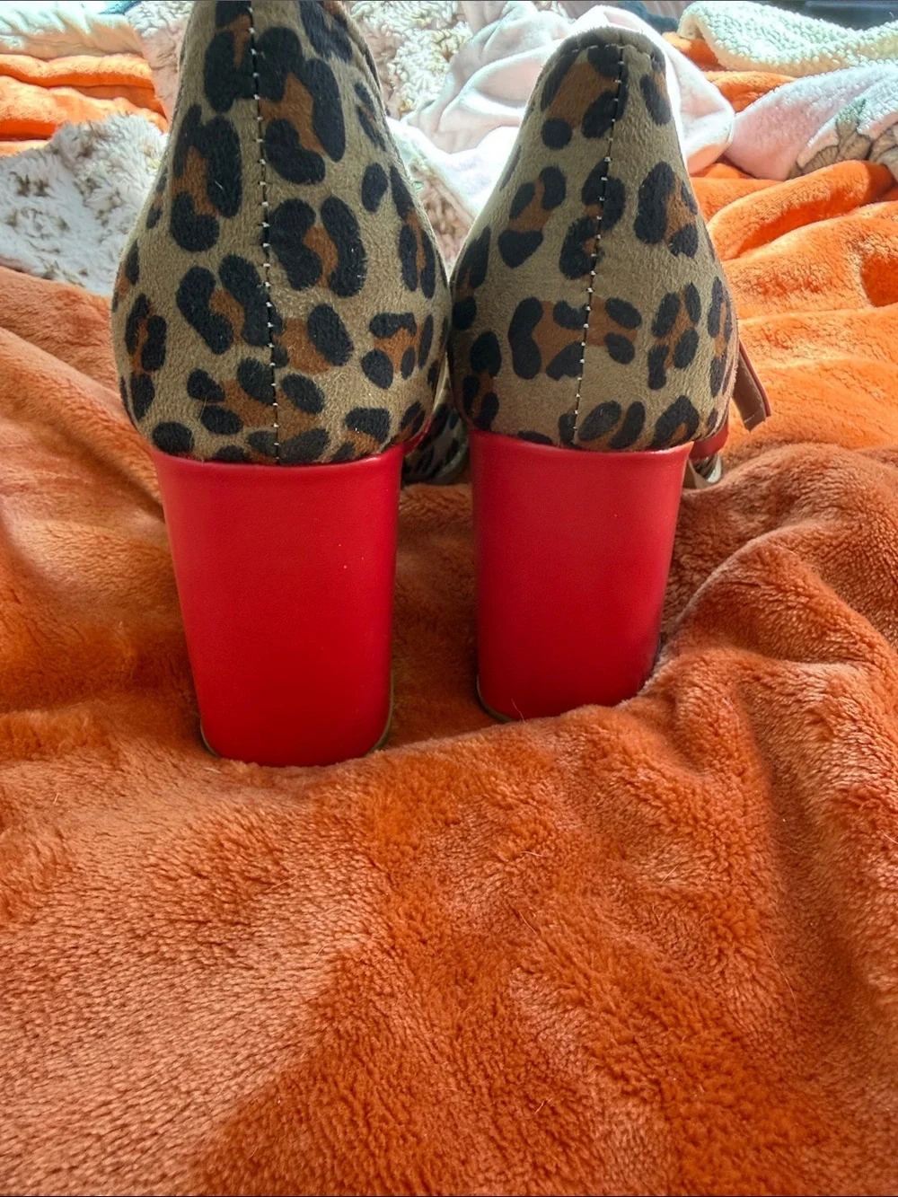 Leopard Print Pointed-Toe Heels with Red Strap